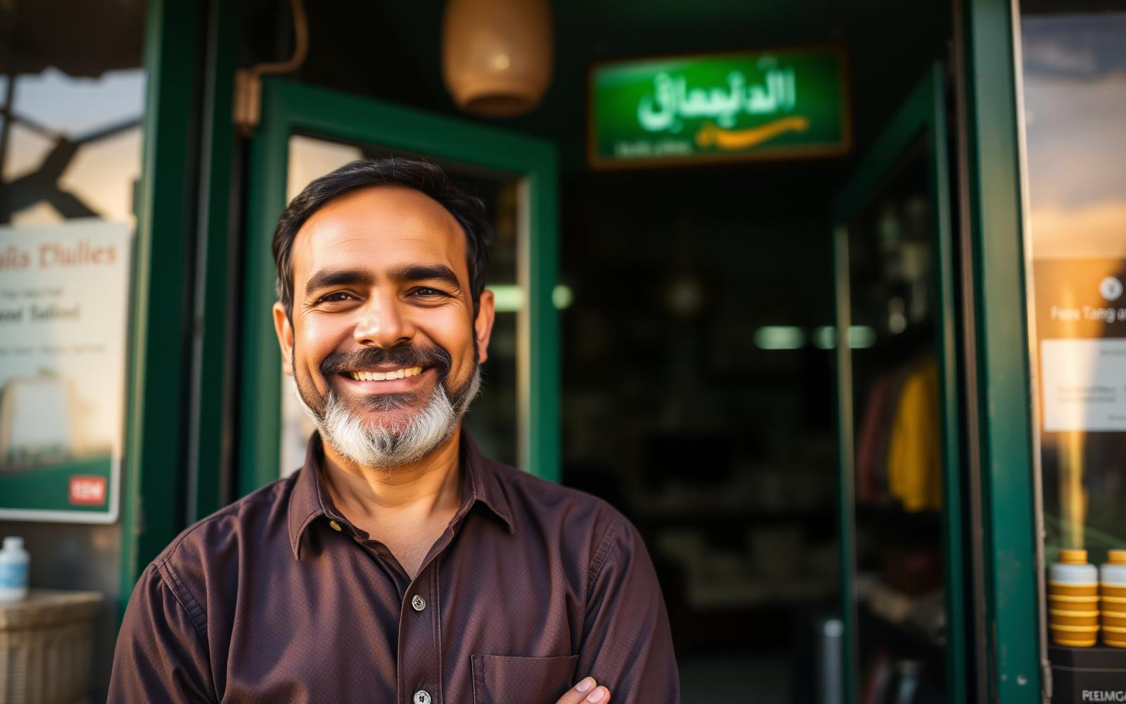 Pakistani shopkeeper standing in front of his business